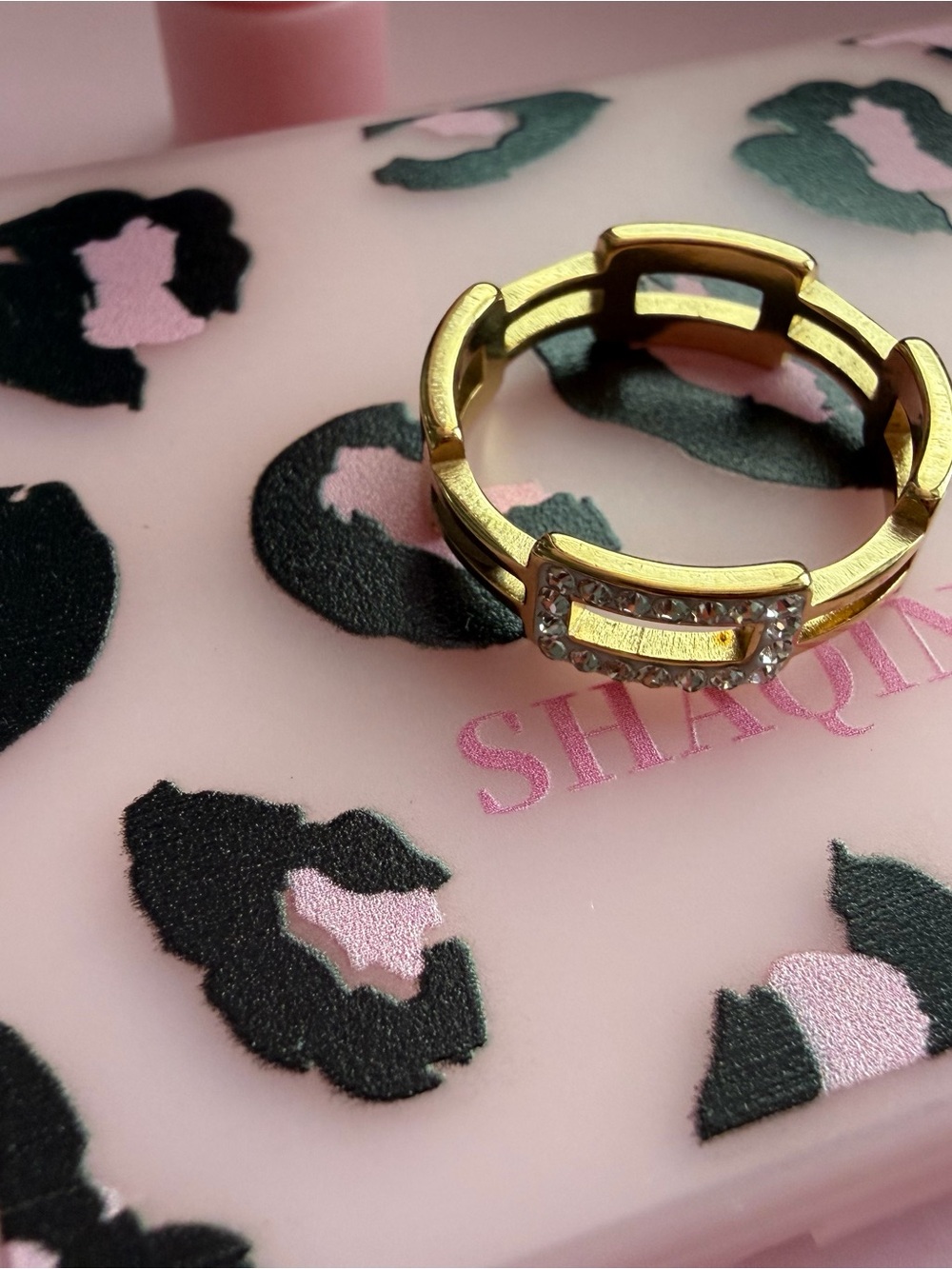 Affordable Fashion Finds Gold Crystal-Trim Rectangular Link Ring
